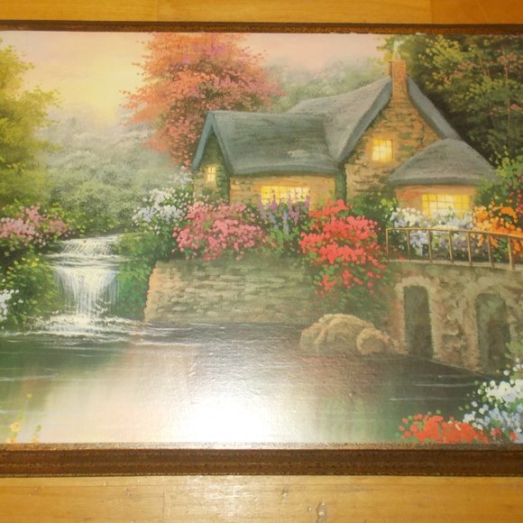 Vintage Cottage by Waterfall Print on Beveled Edge Wood 12" x 9" x .5" - Picture 3 of 3
